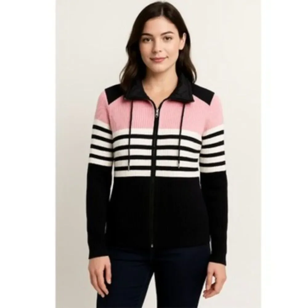 Lauren Ralph Lauren Zip Up Sweater Jacket Sz L Pink Black White Striped Cotton
